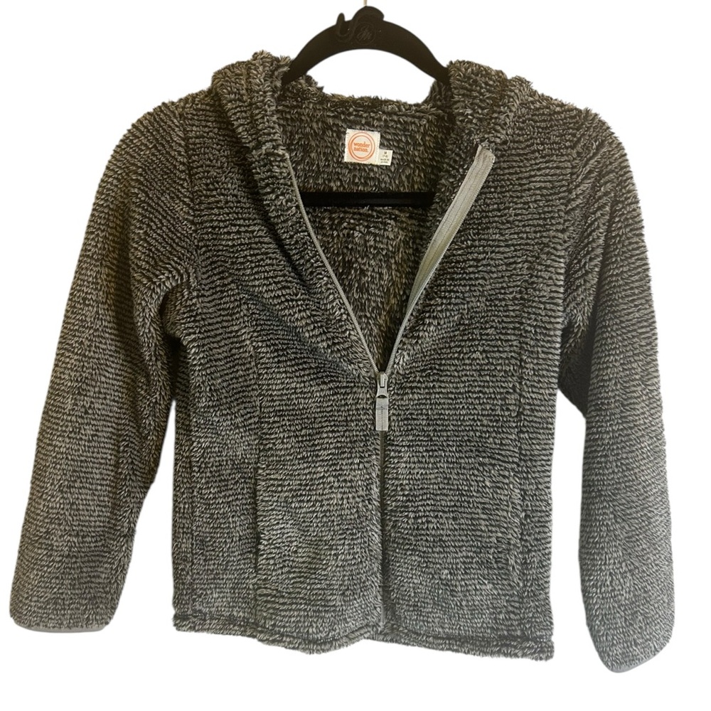 Wonder Nation Gray Fuzzy Zip up Jacket Kids Size 7/8 M Sherpa Style Soft hood